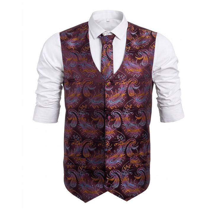 Ensemble de 3 pièces pour homme, gilet habillé à motif cachemire rétro - Vin - 2XL - image 5