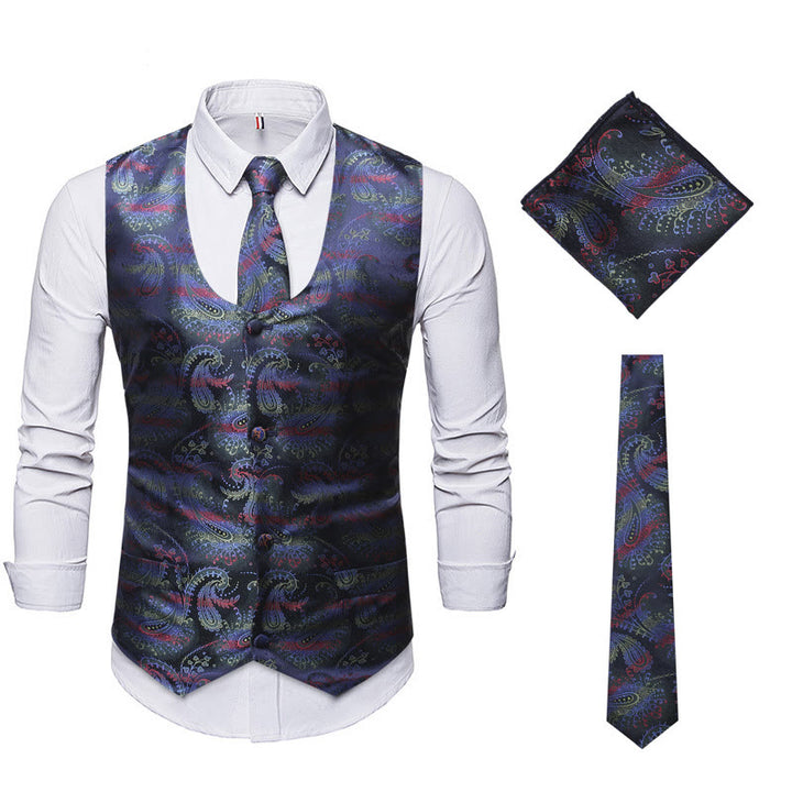 Ensemble de 3 pièces pour homme, gilet habillé à motif cachemire rétro - Vert - 2XL - image 6