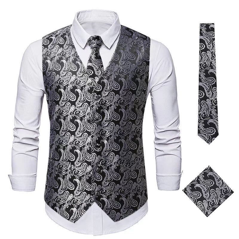 Ensemble gilet et veste de costume élégant pour homme, motif cachemire jacquard, 3 pièces - Noir Argent - 3XL - image 10