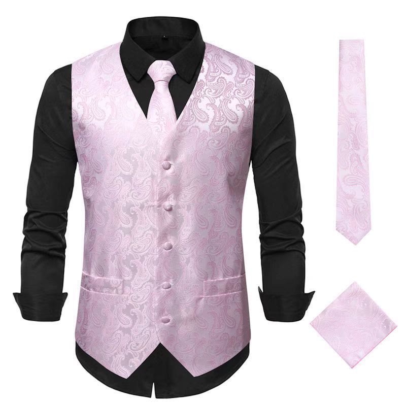 Ensemble gilet et veste de costume élégant pour homme, motif cachemire jacquard, 3 pièces - Rose - 3XL - image 6