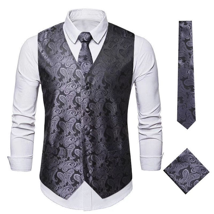 Ensemble gilet et veste de costume élégant pour homme, motif cachemire jacquard, 3 pièces - Gris foncé - 3XL - image 8