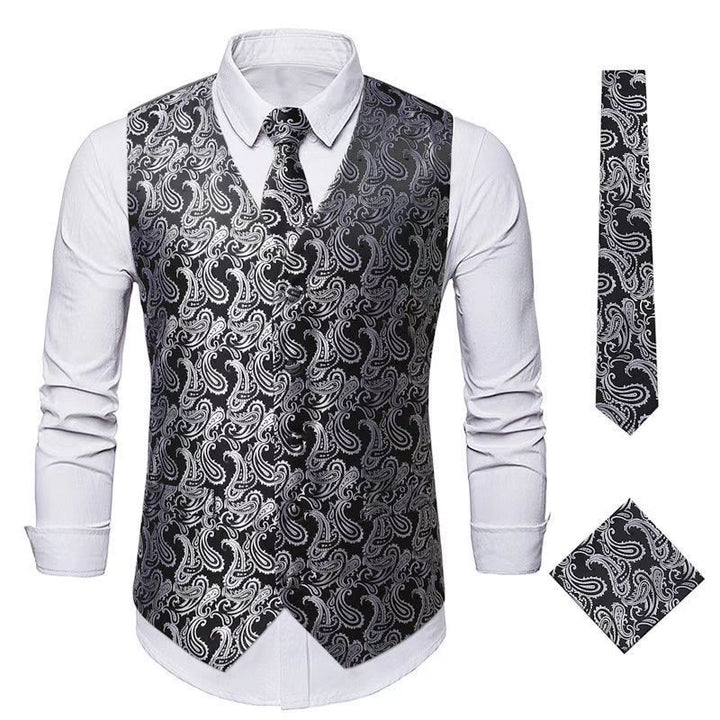 Ensemble gilet et veste de costume élégant pour homme, motif cachemire jacquard, 3 pièces - Noir Argent - 3XL - image 10