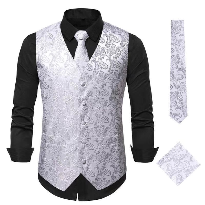 Ensemble gilet et veste de costume élégant pour homme, motif cachemire jacquard, 3 pièces - Argent - 3XL - image 9