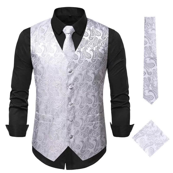 Ensemble gilet et veste de costume élégant pour homme, motif cachemire jacquard, 3 pièces - Argent - 3XL - image 9