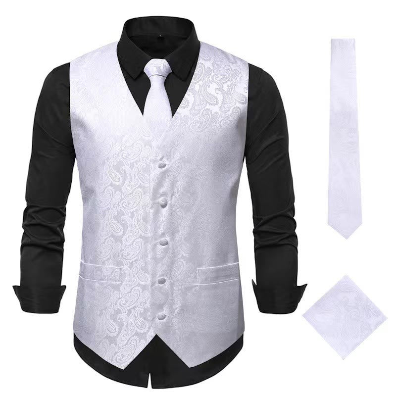 Ensemble gilet et veste de costume élégant pour homme, motif cachemire jacquard, 3 pièces - Blanc - 3XL - image 5