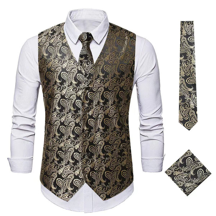 Ensemble gilet et veste de costume élégant pour homme, motif cachemire jacquard, 3 pièces - Doré - 3XL - image 12