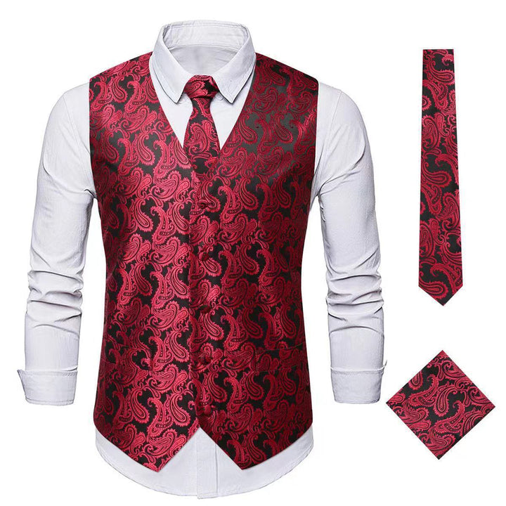 Ensemble gilet et veste de costume élégant pour homme, motif cachemire jacquard, 3 pièces - Rouge - 3XL - image 11