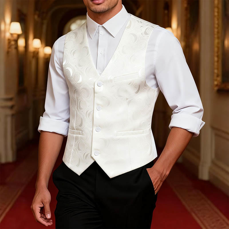 Gilet blanc élégant pour homme, à trois poches, en jacquard à motif cachemire. - image 1