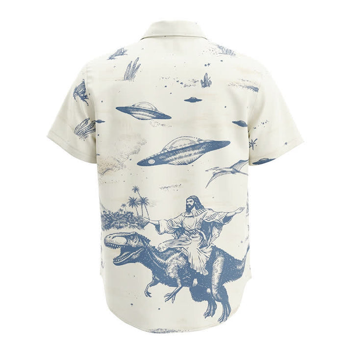 Chemise western pour homme avec imprimé surréaliste de dinosaures chevauchant et d'OVNIs dans le désert - image 8