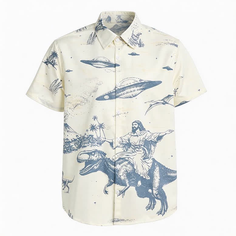 Chemise western pour homme avec imprimé surréaliste de dinosaures chevauchant et d'OVNIs dans le désert - image 7