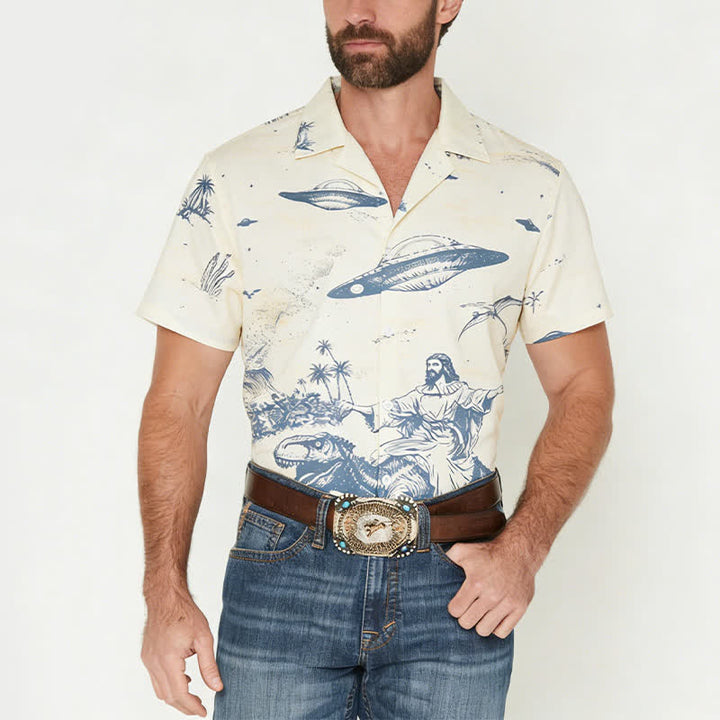 Chemise western pour homme avec imprimé surréaliste de dinosaures chevauchant et d'OVNIs dans le désert - image 1