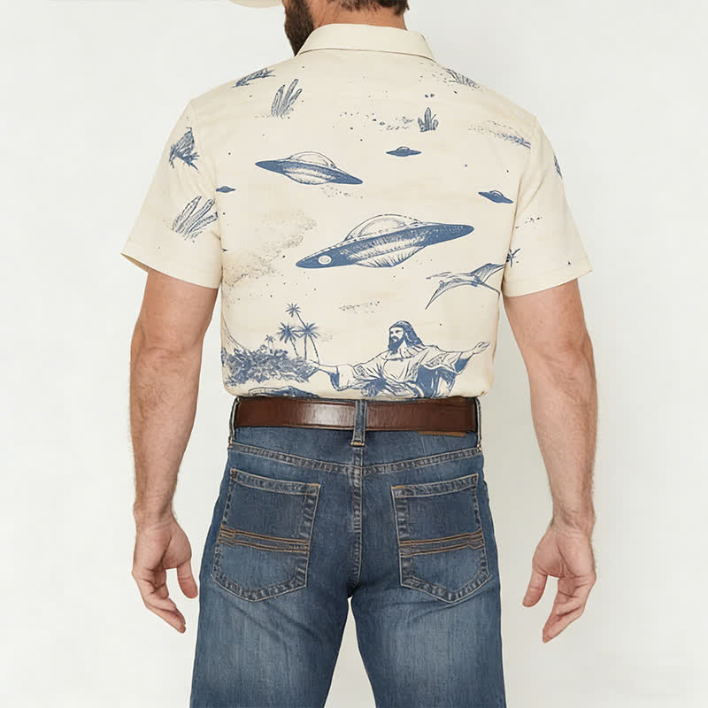 Chemise western pour homme avec imprimé surréaliste de dinosaures chevauchant et d'OVNIs dans le désert - image 2