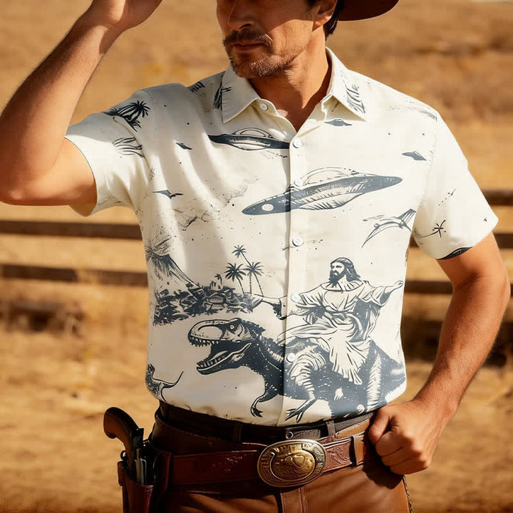 Chemise western pour homme avec imprimé surréaliste de dinosaures chevauchant et d'OVNIs dans le désert - Blanc - 6XL - image 0