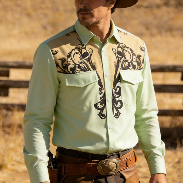 Chemise western à manches longues pour homme, imprimée en 3D avec des volutes baroques - Vert - 6XL - image 0