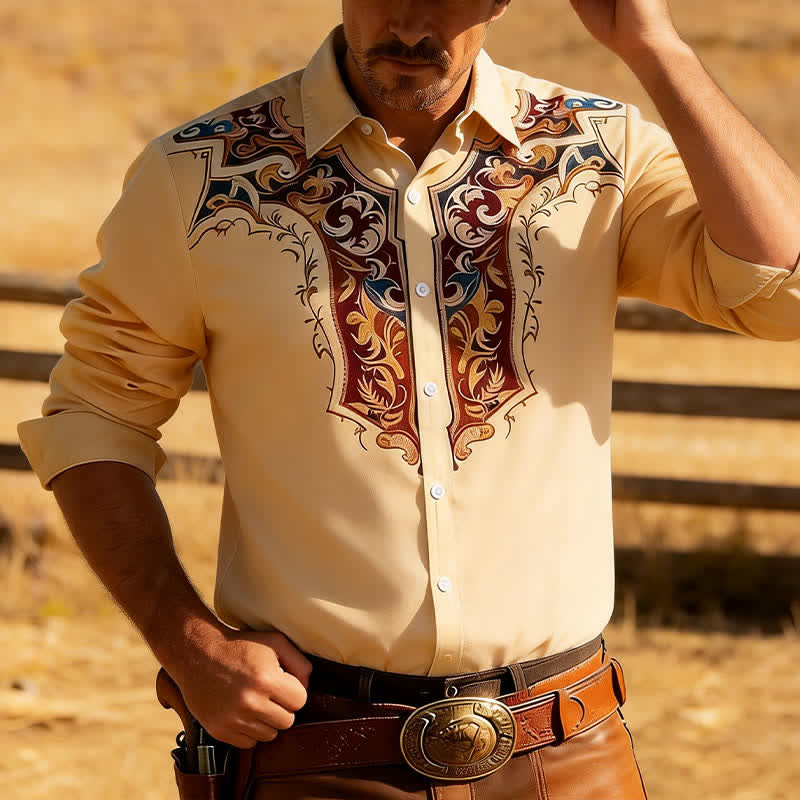 Chemise imprimée 3D style cowboy traditionnel pour homme - Kaki - 3XL - image 0