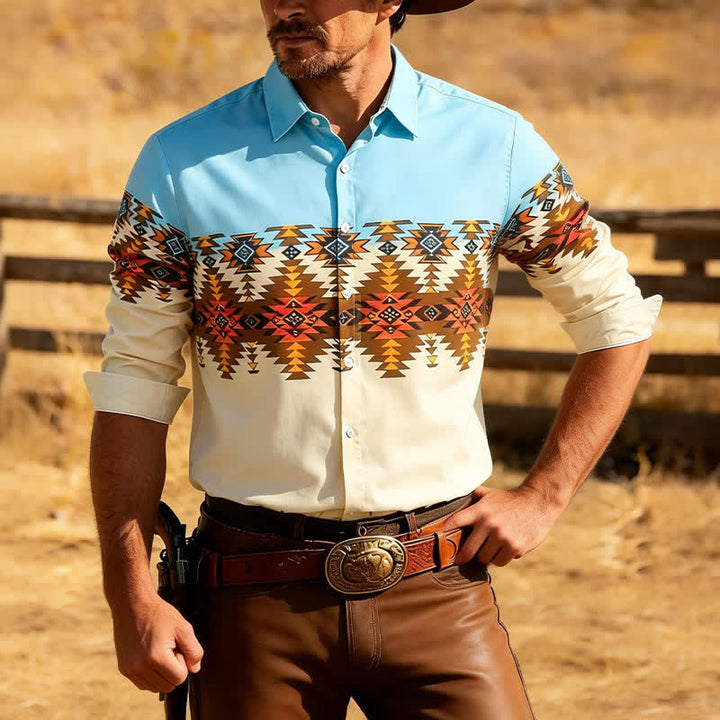 Chemise western homme à imprimé aztèque du sud-ouest, color block - Bleu et kaki - 3XL - image 0