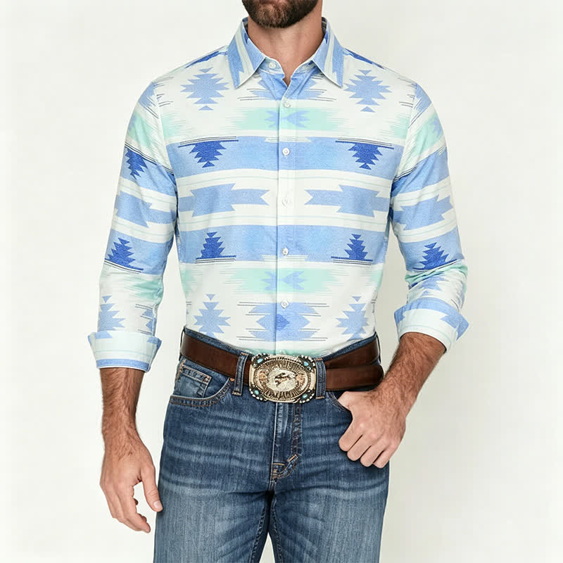 Chemise western bleu clair pour homme à imprimé géométrique aztèque - image 1