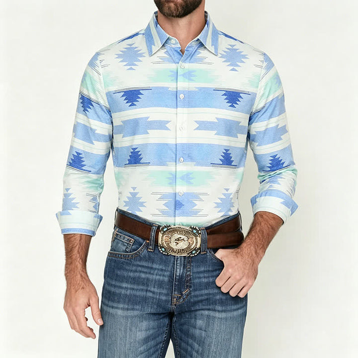 Chemise western bleu clair pour homme à imprimé géométrique aztèque - image 1
