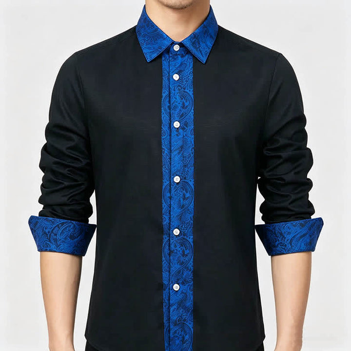 Chemise habillée pour homme, motif cachemire noir et bleu, col contrastant - image 3