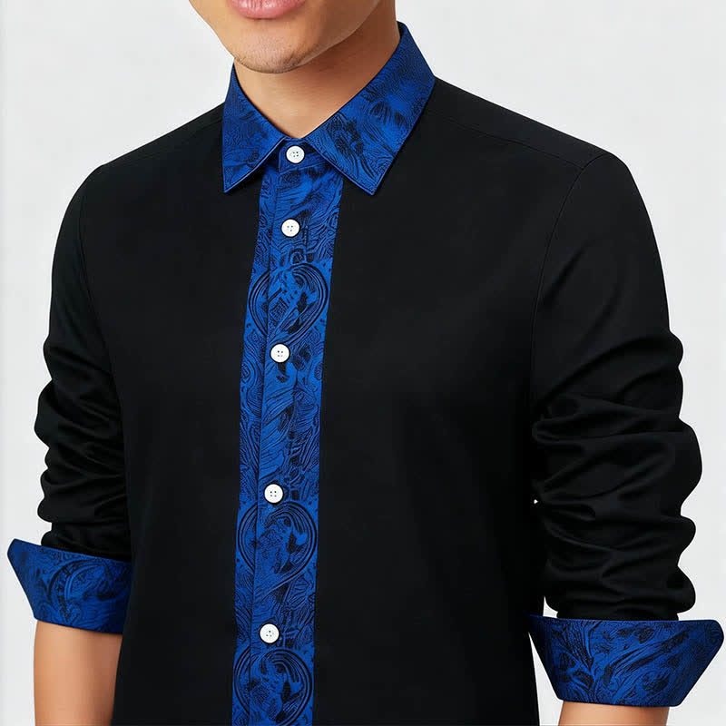 Chemise habillée pour homme, motif cachemire noir et bleu, col contrastant - image 2