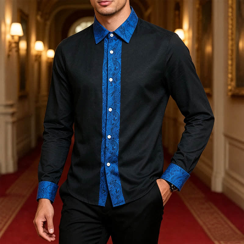 Chemise habillée pour homme, motif cachemire noir et bleu, col contrastant - image 1