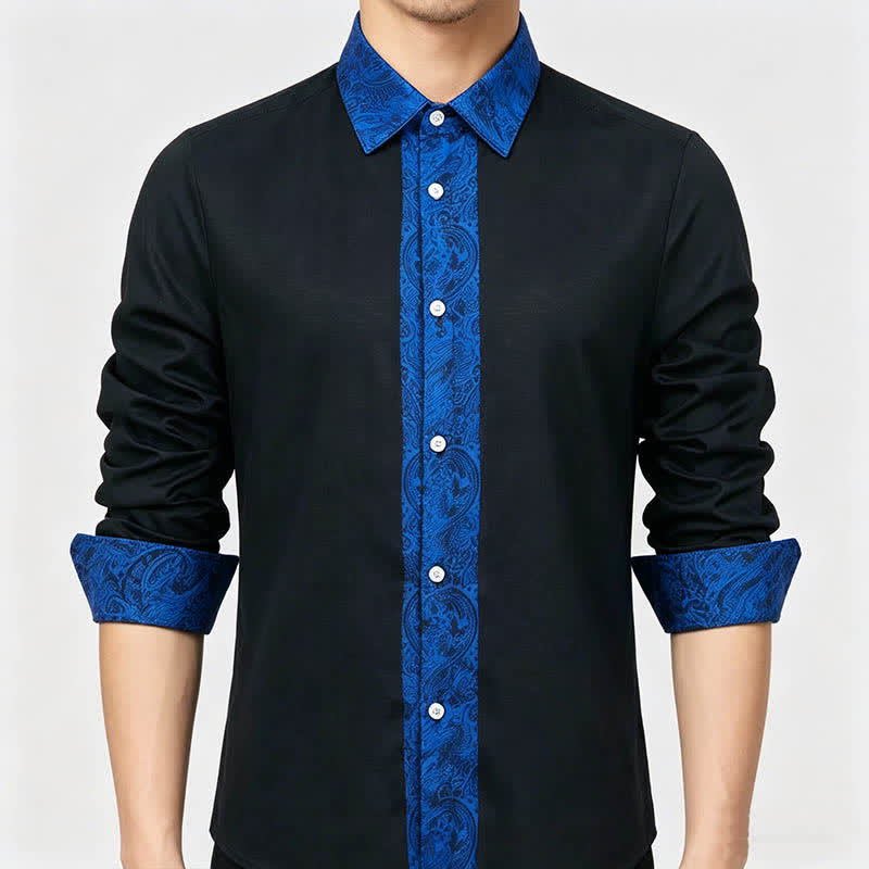 Chemise habillée pour homme, motif cachemire noir et bleu, col contrastant - image 3
