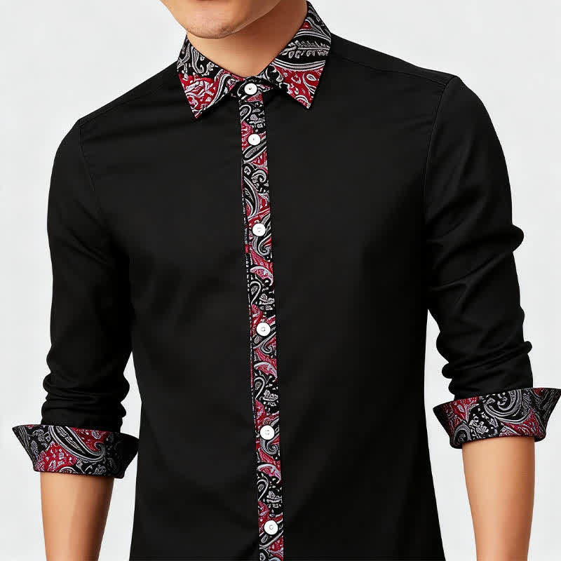 Chemise habillée pour homme à col contrastant, motif cachemire noir, rouge et gris - image 3
