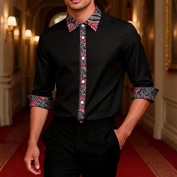 Chemise habillée pour homme à col contrastant, motif cachemire noir, rouge et gris - image 1
