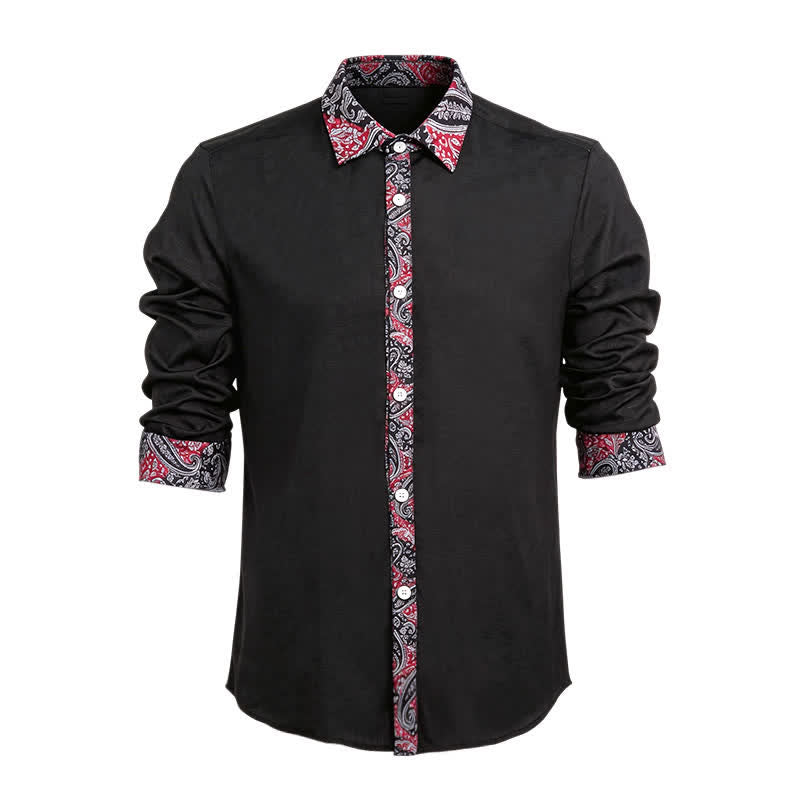 Chemise habillée pour homme à col contrastant, motif cachemire noir, rouge et gris - Noir et rouge - 6XL - image 0