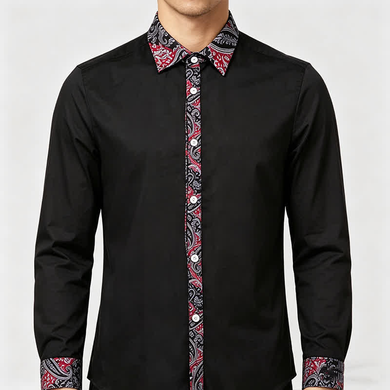 Chemise habillée pour homme à col contrastant, motif cachemire noir, rouge et gris - image 2