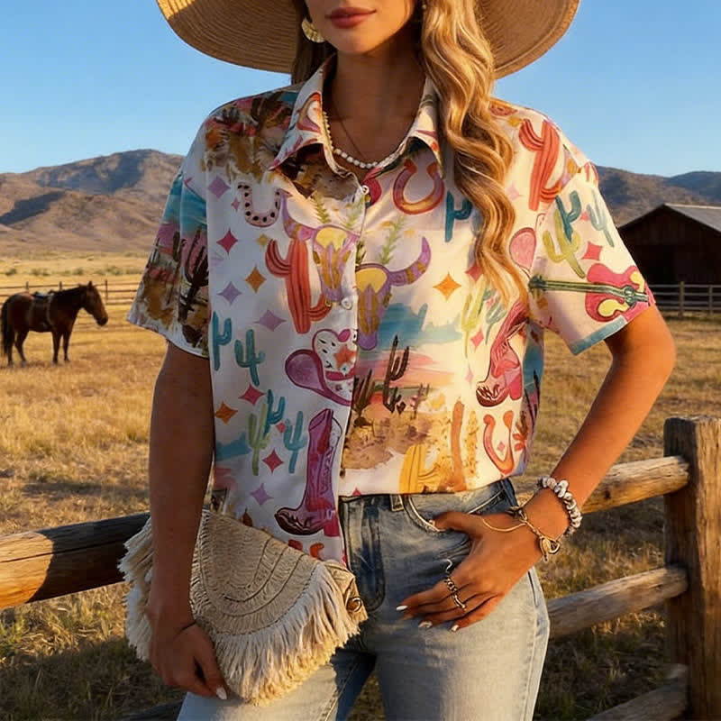 Chemise à manches courtes imprimée aquarelle style western décontracté d'été pour femme - Style n° 1 - 4XL - image 0