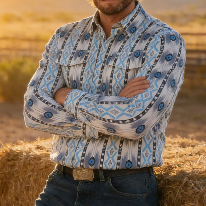 Chemise western imprimée en 3D à motif aztèque bleu et gris pour homme - Bleu et gris - 5XL - image 0
