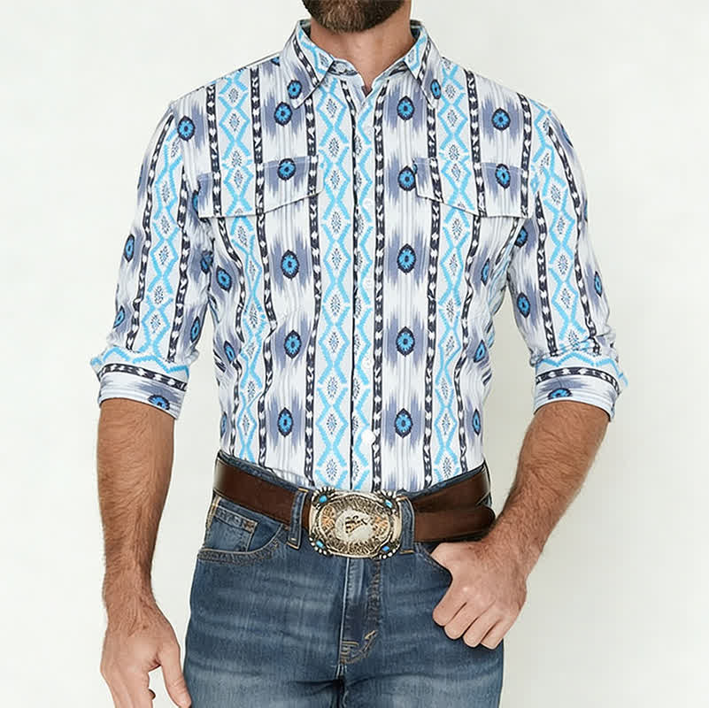 Chemise western imprimée en 3D à motif aztèque bleu et gris pour homme - image 1