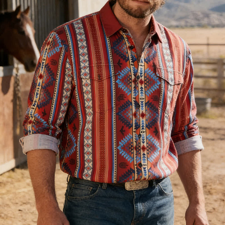 Chemise western orange pour homme, imprimée en 3D avec un motif tribal du sud-ouest - Orange - 5XL - image 0