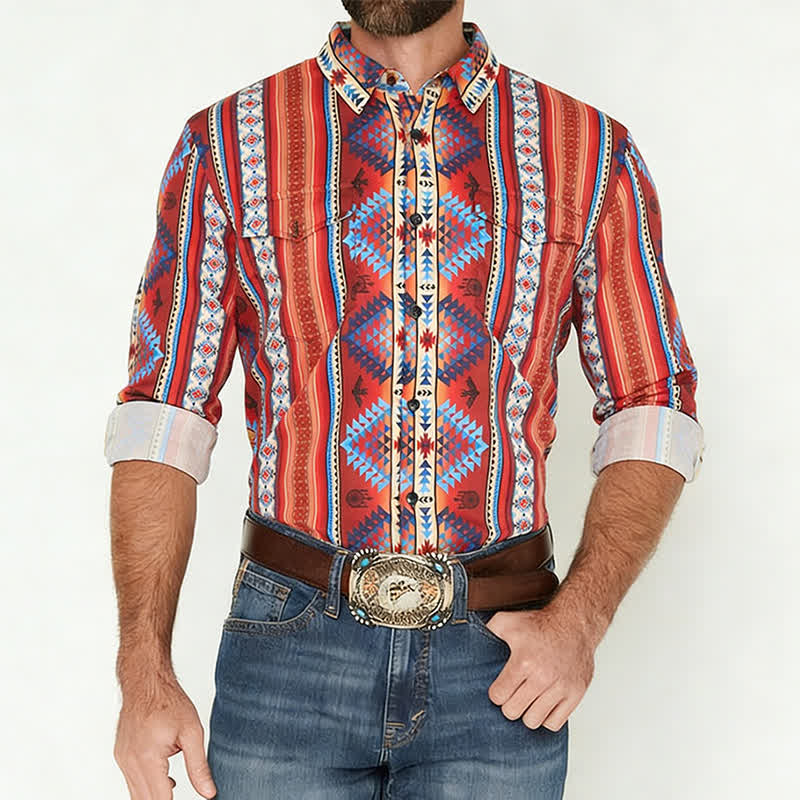 Chemise western orange pour homme, imprimée en 3D avec un motif tribal du sud-ouest - image 1