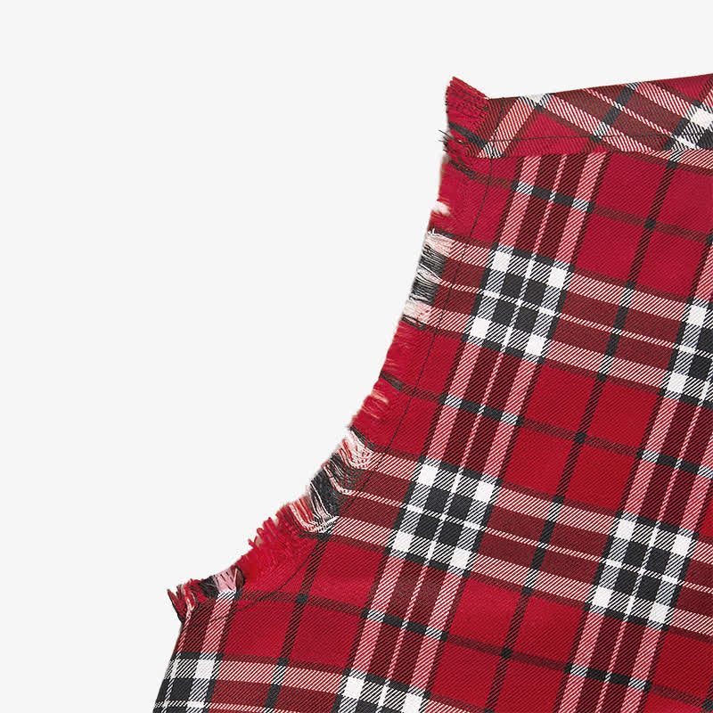 Gilet sans manches à franges style western pour homme, à carreaux rouges. - image 4