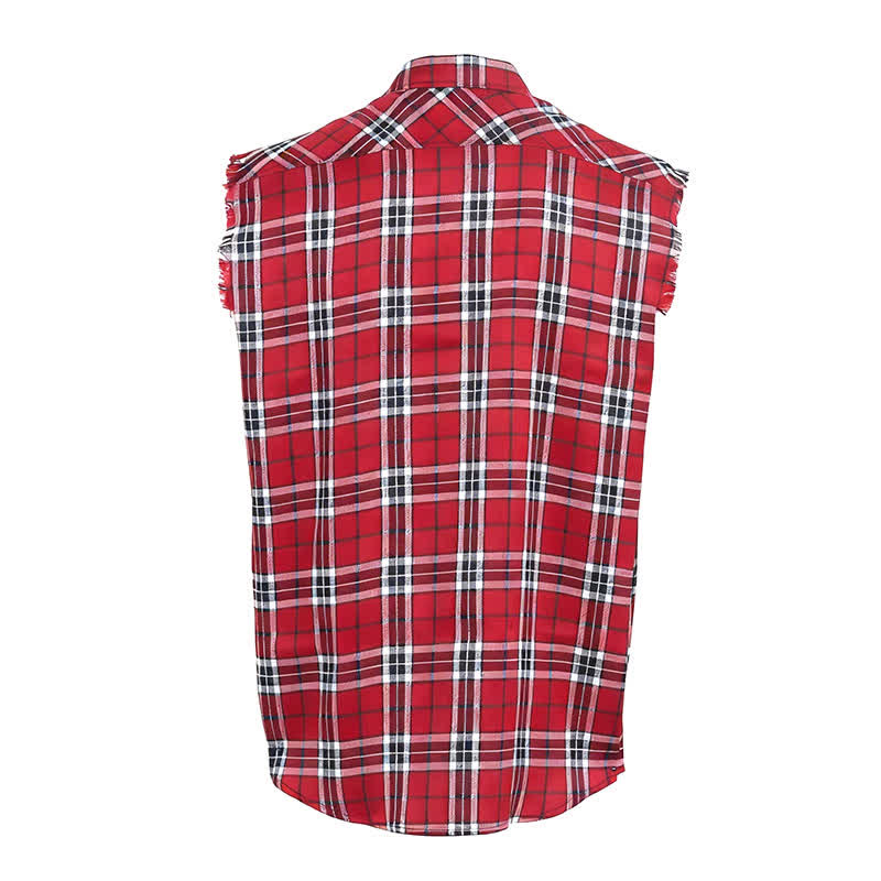 Gilet sans manches à franges style western pour homme, à carreaux rouges. - image 8