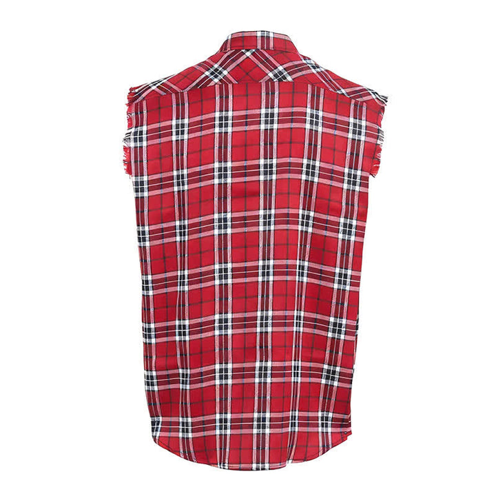 Gilet sans manches à franges style western pour homme, à carreaux rouges. - image 8