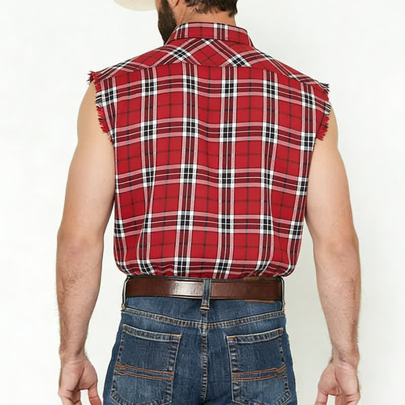 Gilet sans manches à franges style western pour homme, à carreaux rouges. - image 2