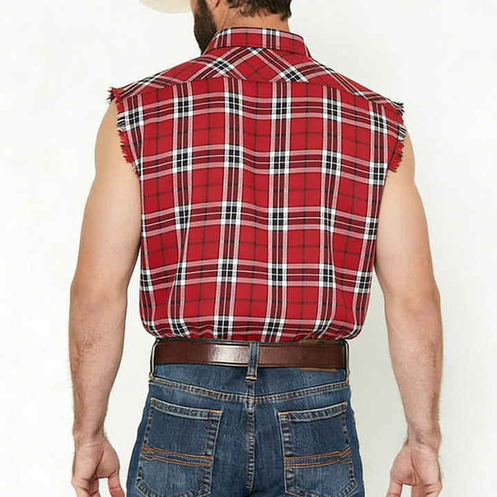 Gilet sans manches à franges style western pour homme, à carreaux rouges. - image 2