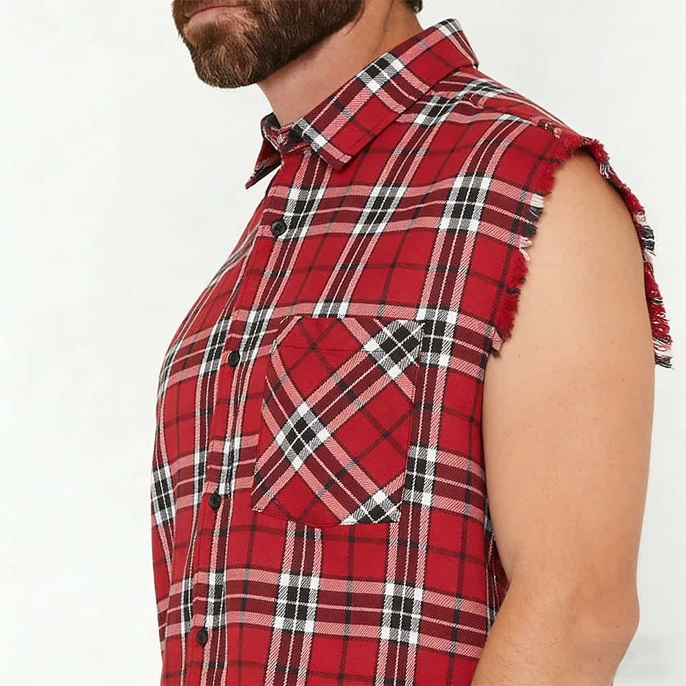 Gilet sans manches à franges style western pour homme, à carreaux rouges. - image 3