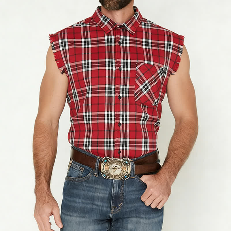Gilet sans manches à franges style western pour homme, à carreaux rouges. - image 1