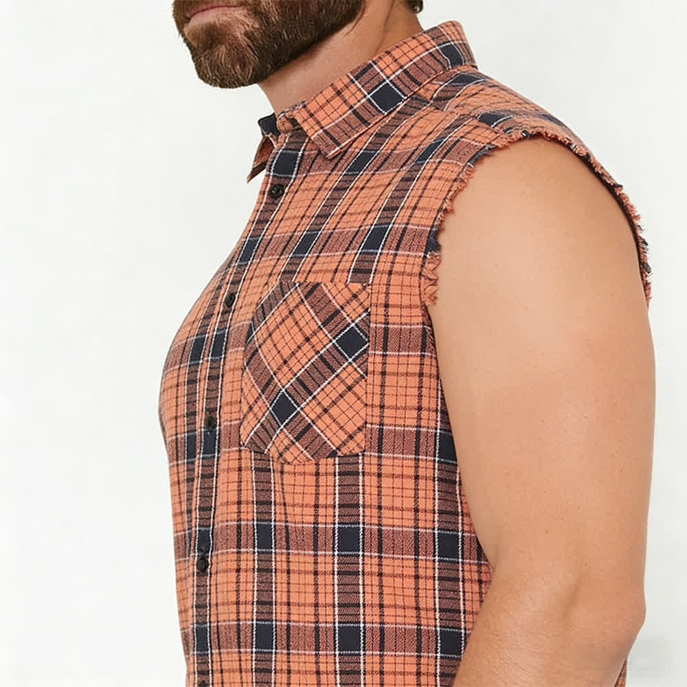 Gilet sans manches à carreaux orange et noirs pour homme - image 3