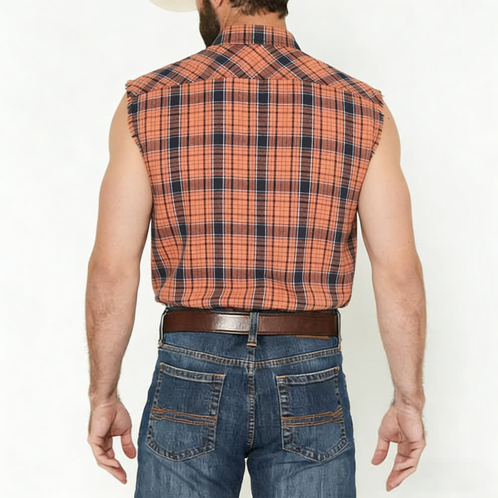 Gilet sans manches à carreaux orange et noirs pour homme - image 2