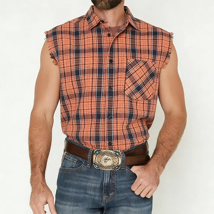 Gilet sans manches à carreaux orange et noirs pour homme - image 1