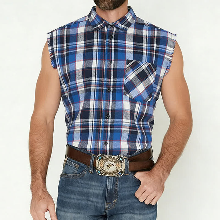 Gilet sans manches à carreaux bleus et blancs style western pour homme - image 1