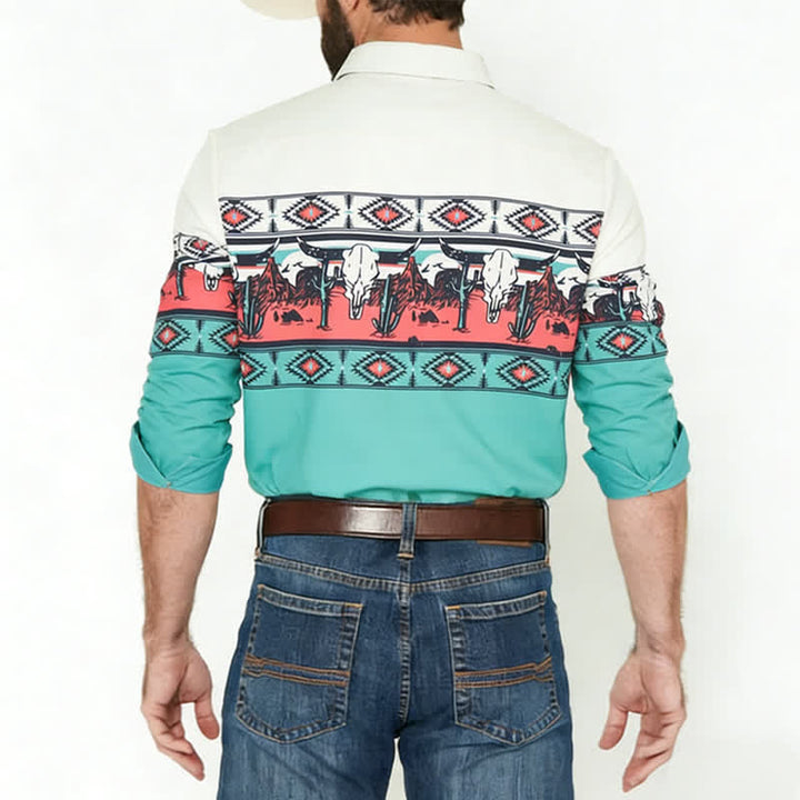 T-shirt homme imprimé en 3D avec un taureau Longhorn et un motif désertique, style color-block - image 2