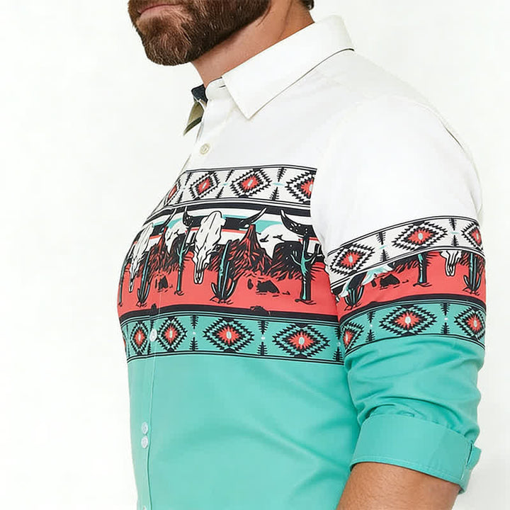 T-shirt homme imprimé en 3D avec un taureau Longhorn et un motif désertique, style color-block - image 3