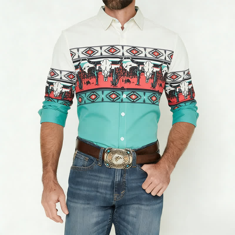 T-shirt homme imprimé en 3D avec un taureau Longhorn et un motif désertique, style color-block - image 1