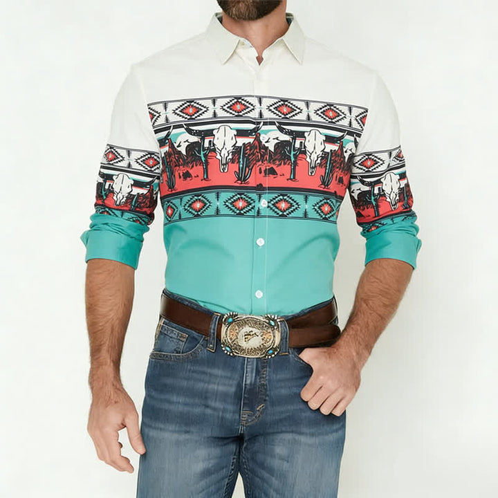 T-shirt homme imprimé en 3D avec un taureau Longhorn et un motif désertique, style color-block - image 1